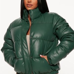 Faux Leather Green Puffer Jacket
